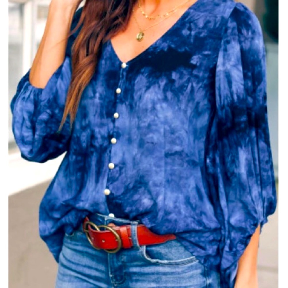 Blue Tie Dye Balloon Sleeve Top